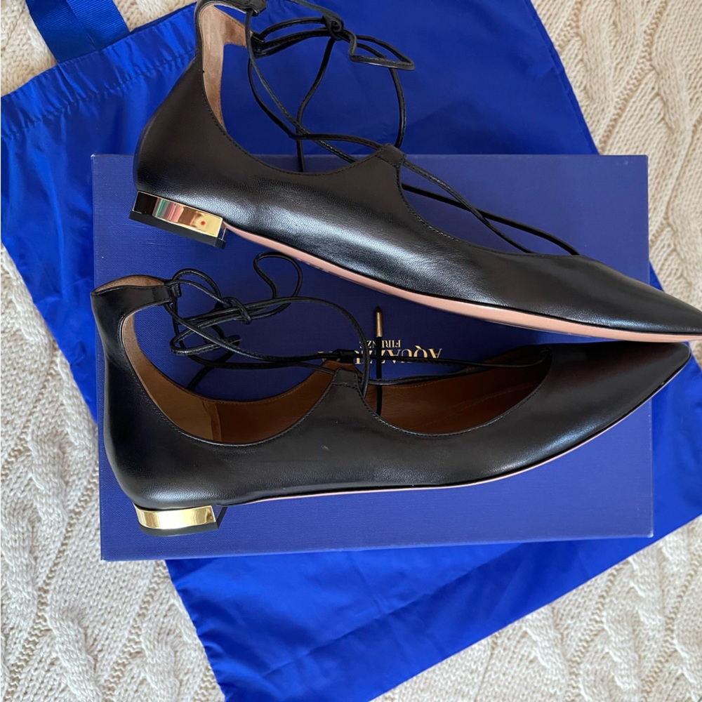 Aquazzura Christy Lace-Up Pointed-Toe Black Flats - Picture 5 of 14